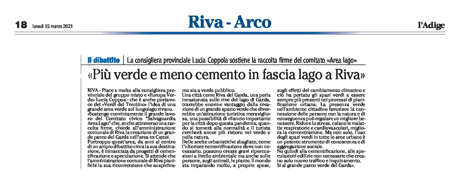 Riva, fascia lago: più verde e meno cemento. Lucia Coppola sostiene la raccolta firme del comitato