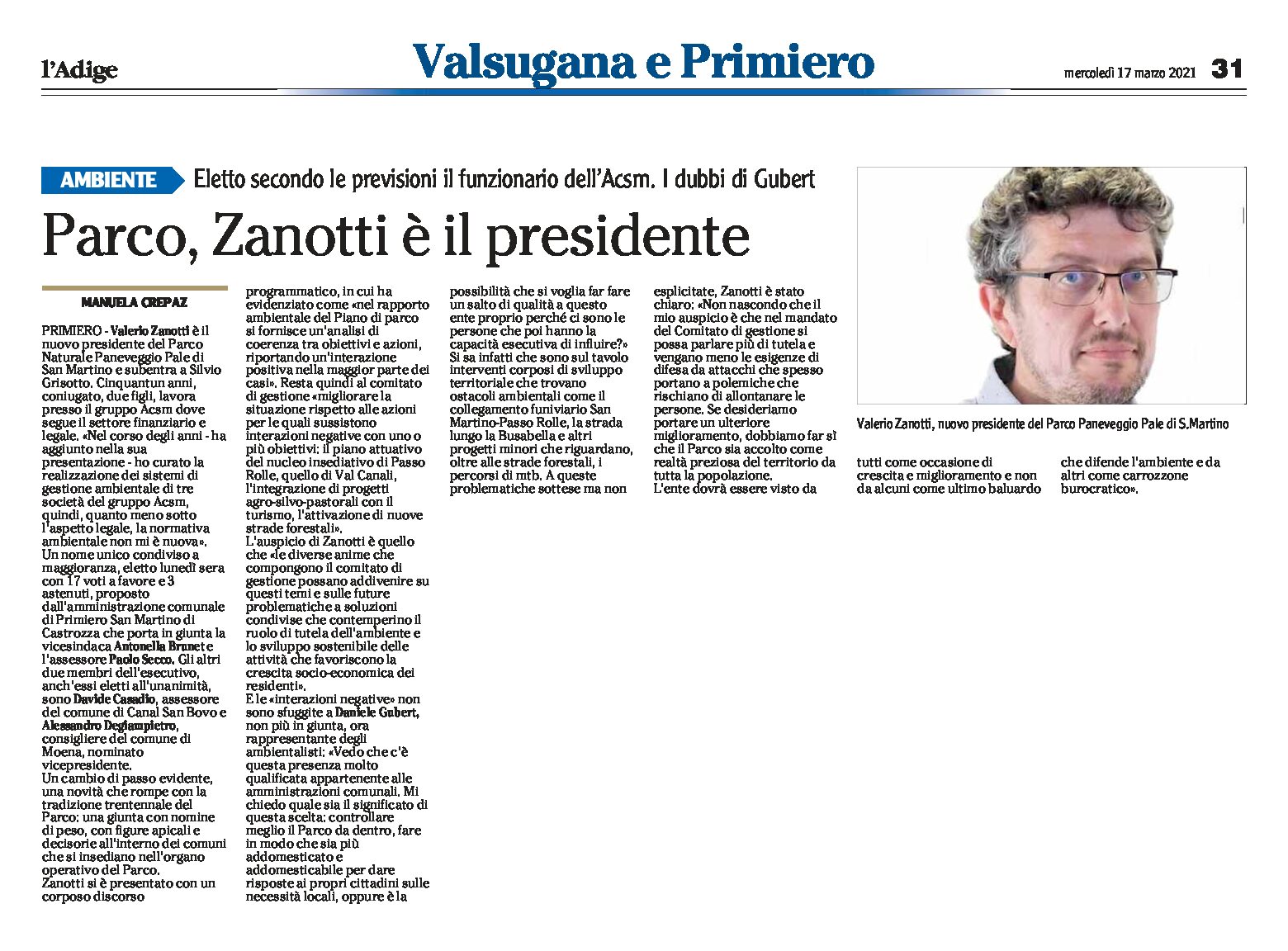 Paneveggio: Zanotti è il nuovo presidente del Parco