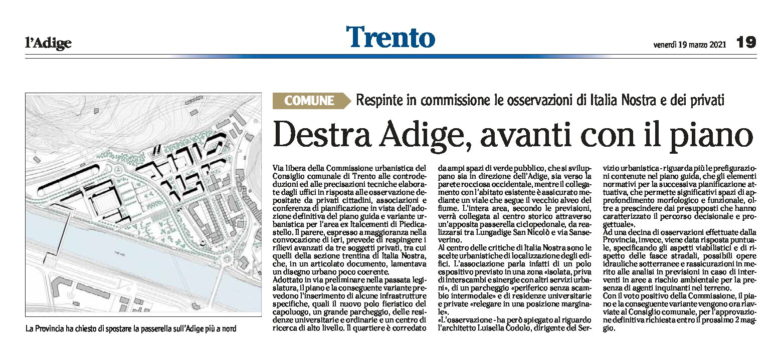 Piedicastello: Destra Adige, avanti con il piano. Respinte le osservazioni di Italia Nostra e dei privati