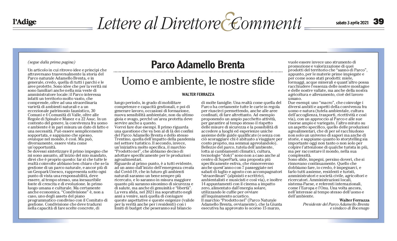 Parco Adamello Brenta: uomo e ambiente le nostre sfide. Lettera del presidente Ferrazza