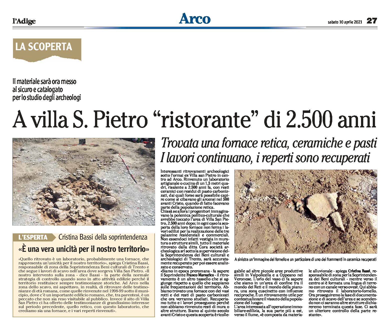 Arco, villa San Pietro: trovati una fornace retica, pasti e ceramiche di 2.500 anni