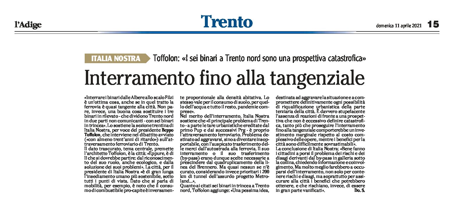 Italia Nostra: Trento, interramento ferroviario fino alla tangenziale