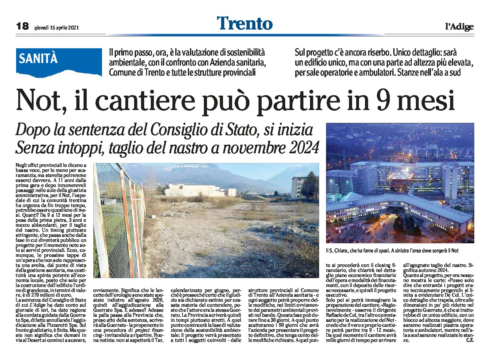 Trento, Not: il cantiere può partire in 9 mesi. Senza intoppi, taglio del nastro a novembre 2024