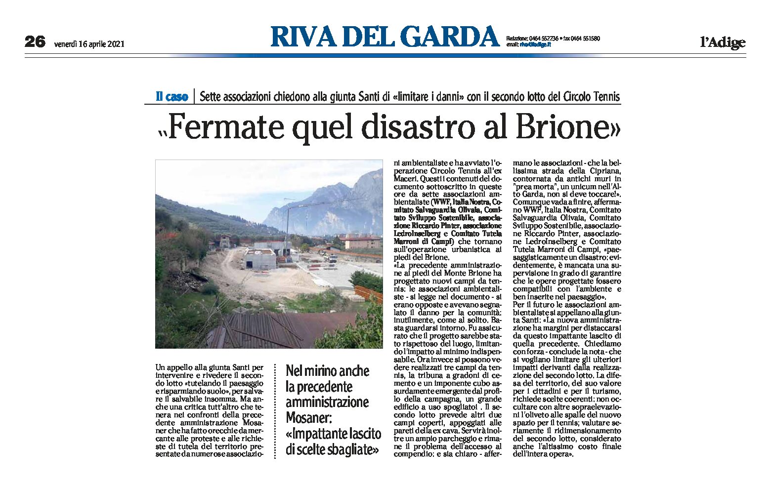 Riva, nuovi campi tennis: sette associazioni chiedono alla giunta Santi “fermate quel disastro al Brione”