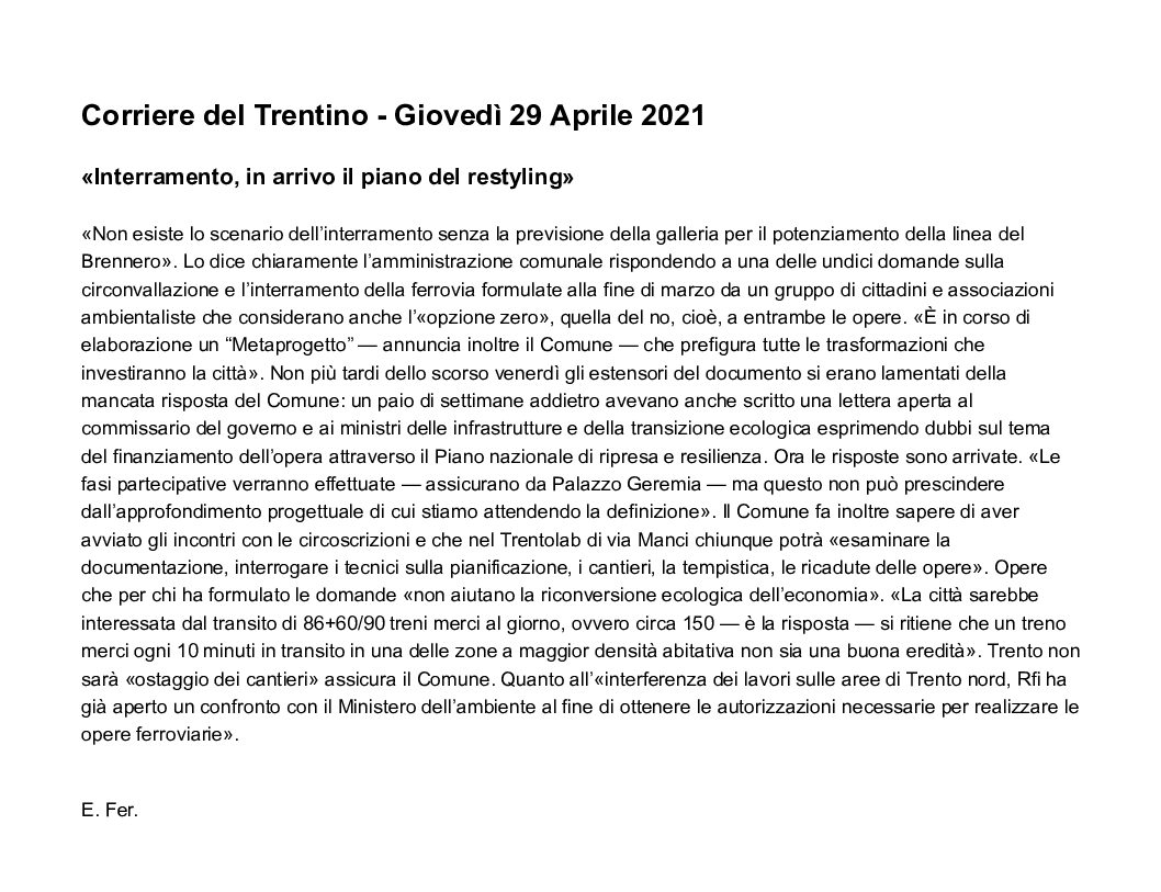 Trento, interramento ferrovia: in arrivo il piano del restyling