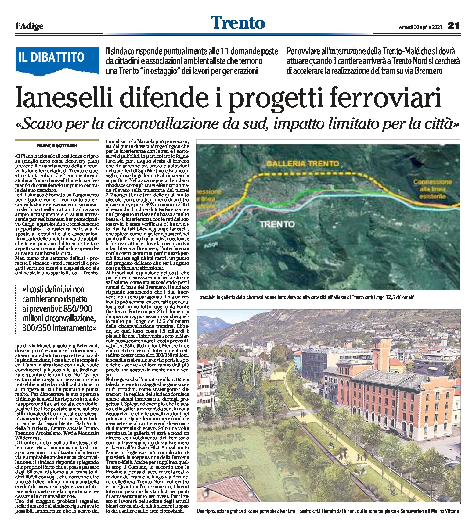 Dibattito: Trento, Ianeselli difende i progetti ferroviari