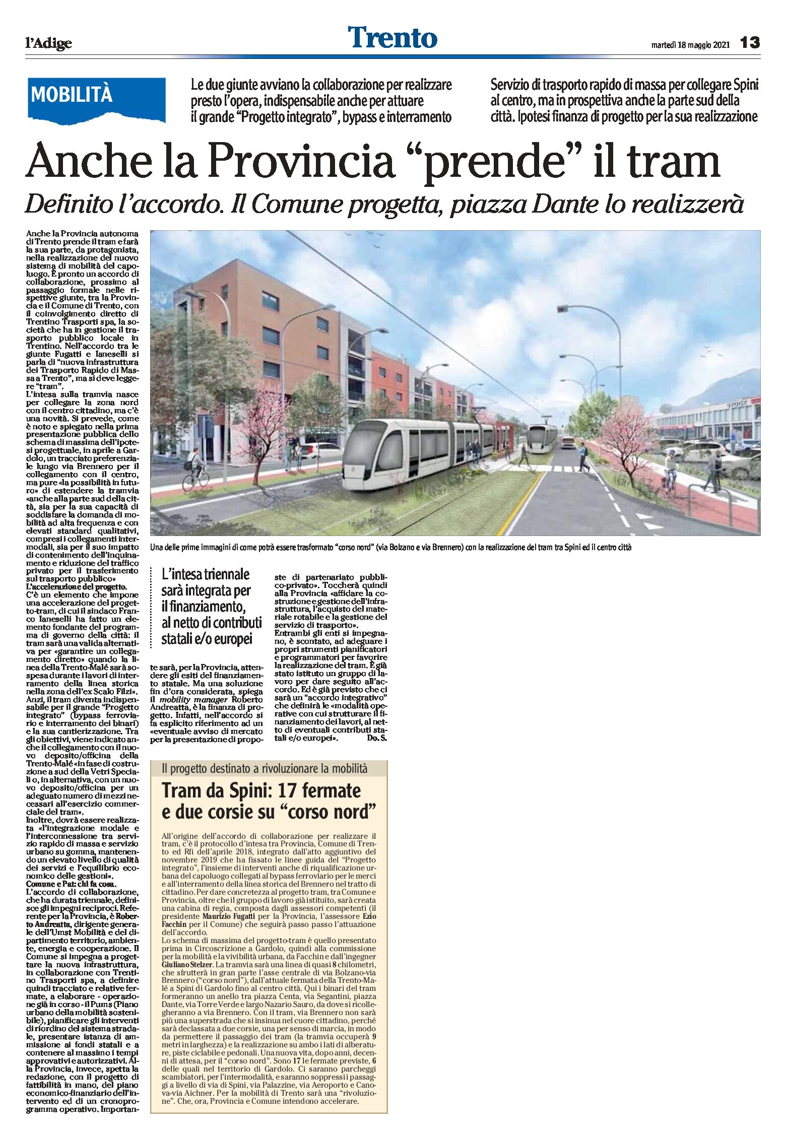 Trento, tram: definito l’accordo tra Comune e Provincia