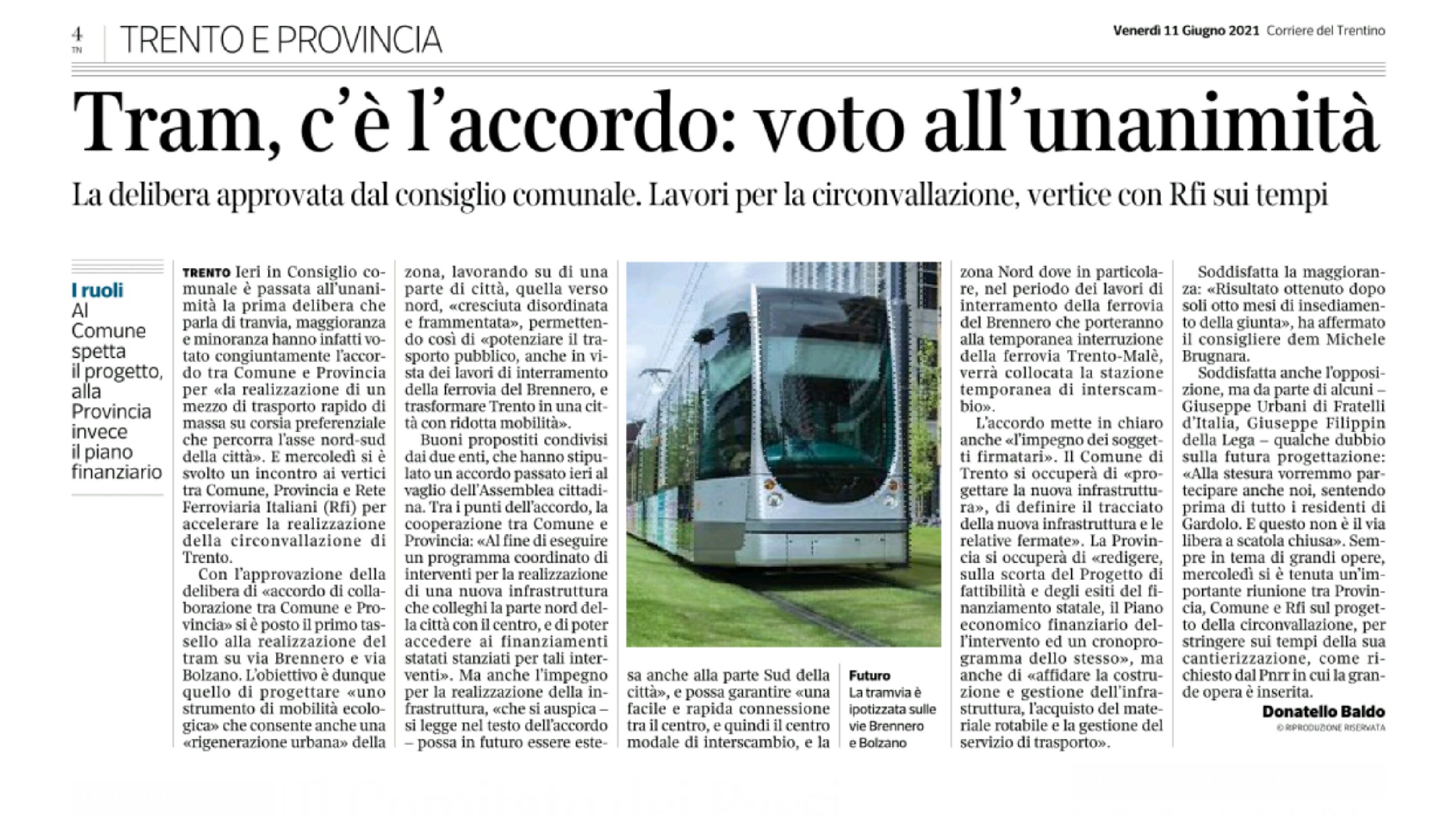 Trento: tram, c’è l’accordo. Voto all’unanimità