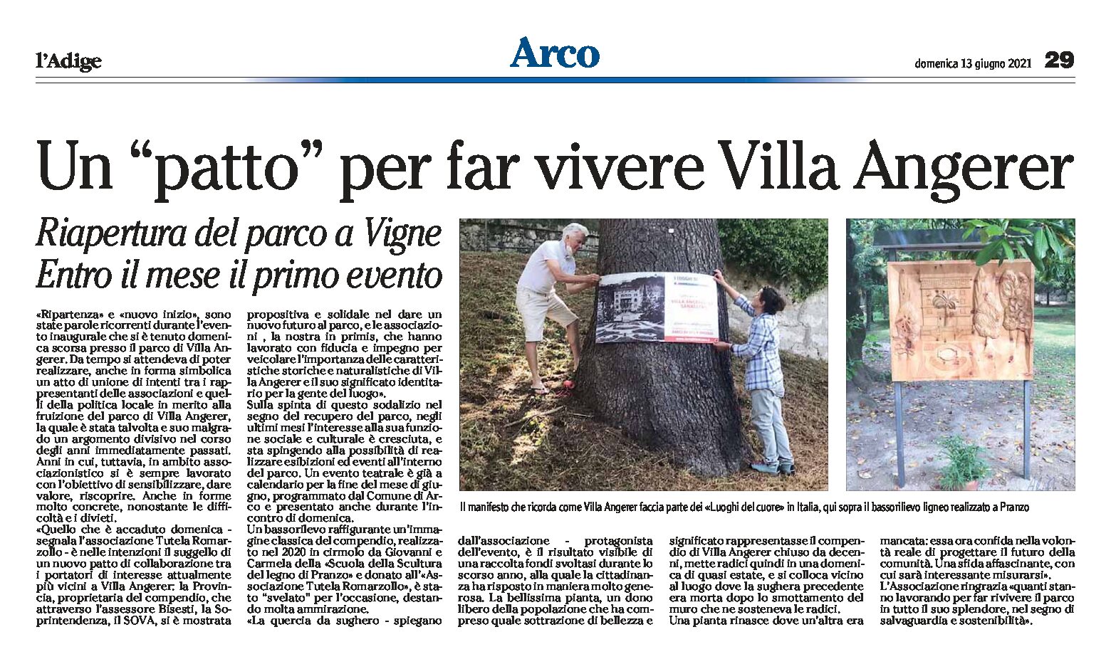 Arco: un “patto” per far vivere Villa Angerer. Riapertura del parco a Vigne