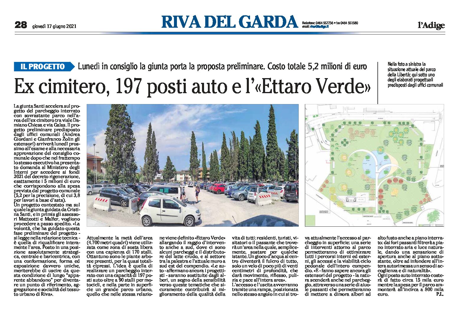 Riva, ex cimitero: 197 posti auto e “Ettaro Verde”