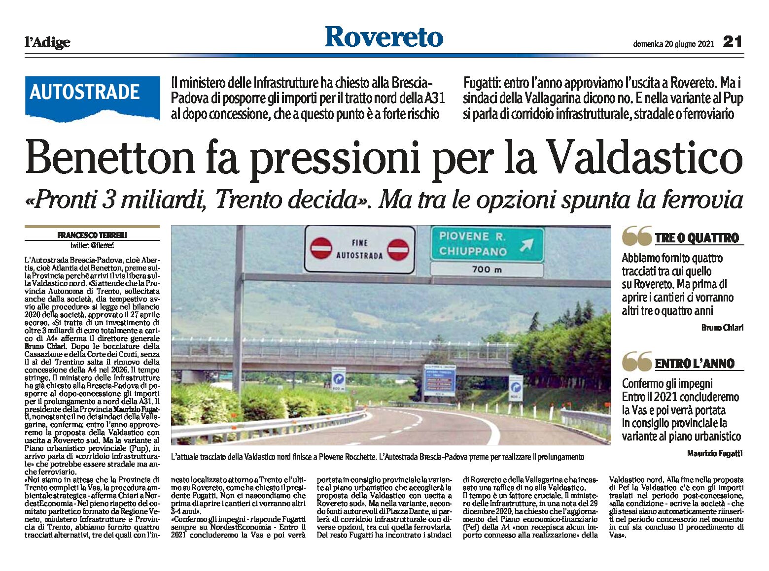 Autostrade: Benetton fa pressioni per la Valdastico