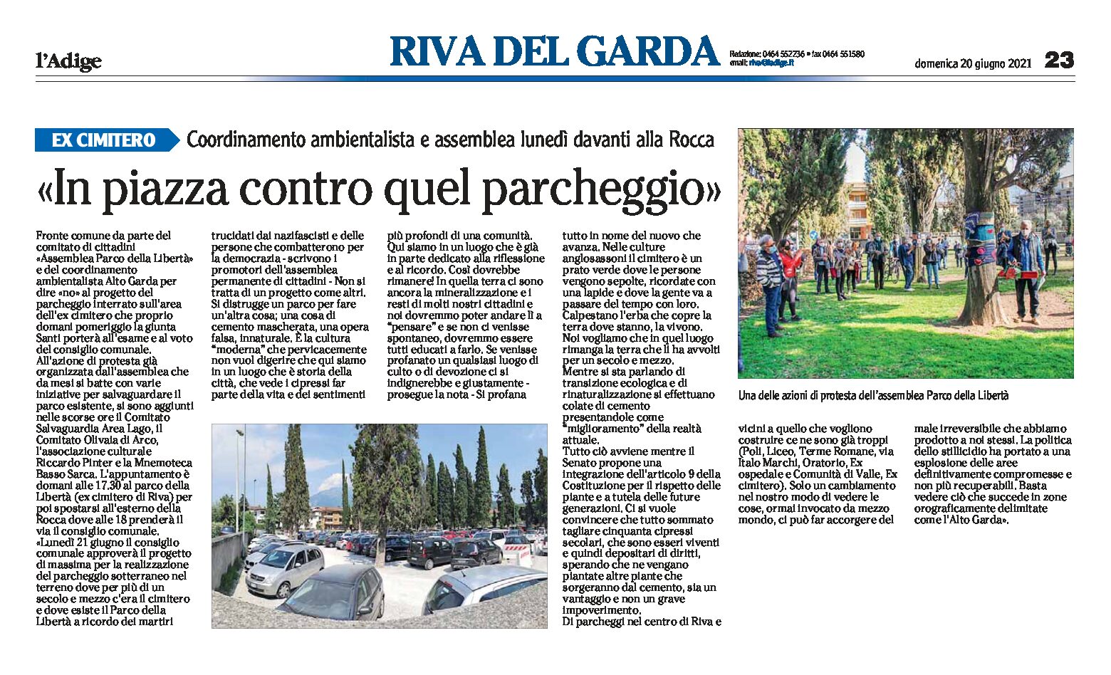 Riva, ex cimitero: il coordinamento ambientalista in piazza contro il parcheggio interrato