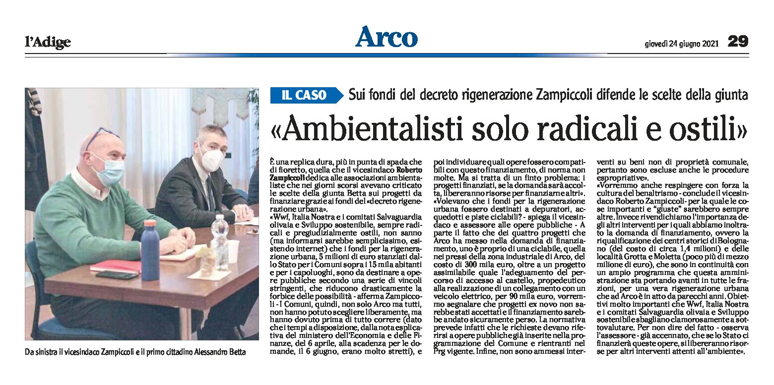Arco: Zampiccoli replica alle associazioni ambientaliste