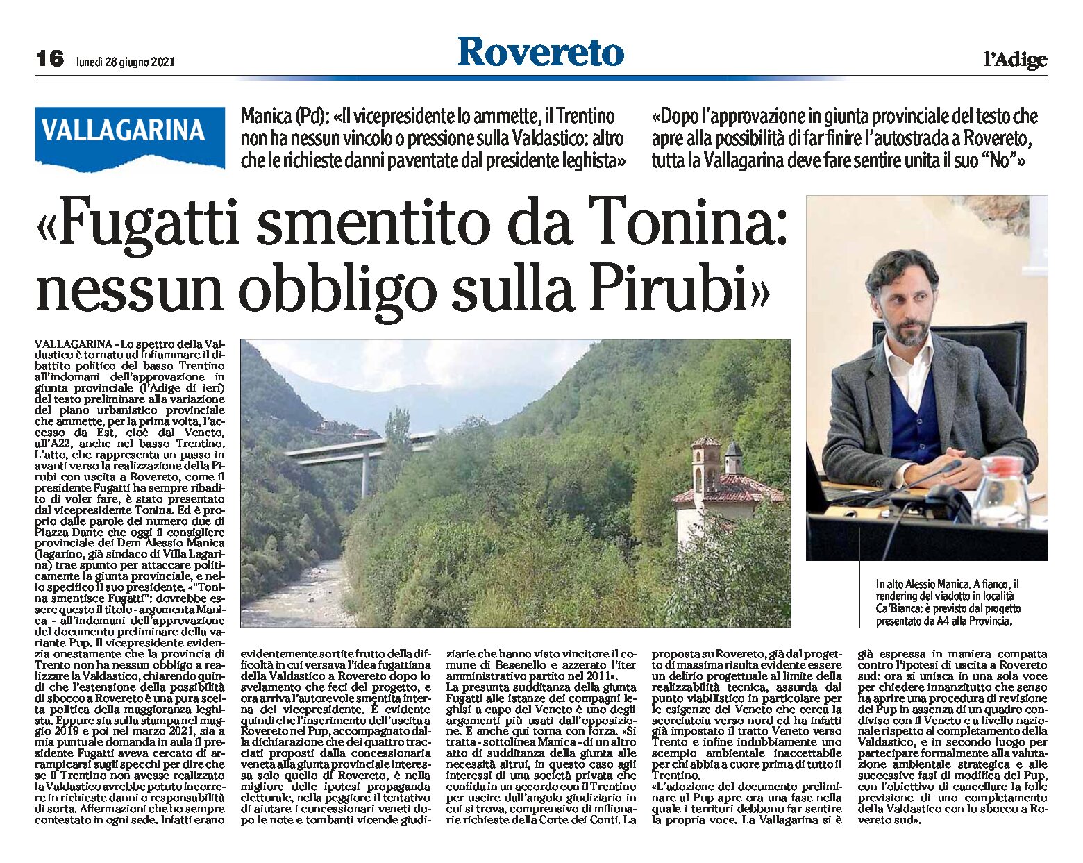 Valdastico: Manica “il Trentino, nessun obbligo sulla Pirubi”
