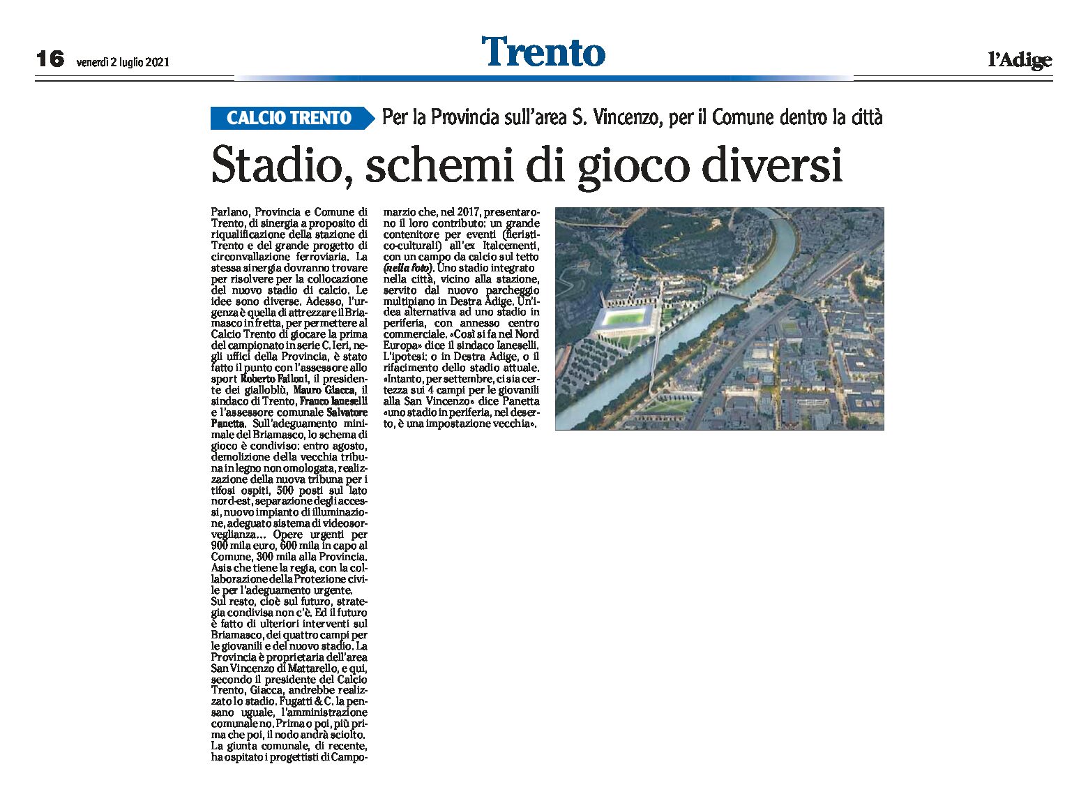 Calcio Trento: stadio, schemi di gioco diversi. Per la Provincia sull’area S.Vincenzo, per il Comune dentro la città