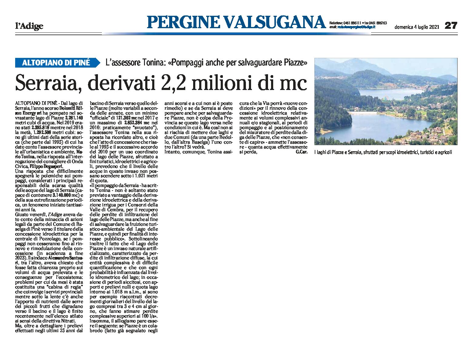 Altopiano di Pinè: pompaggi dal lago di Serraia anche per salvare il lago di Piazze
