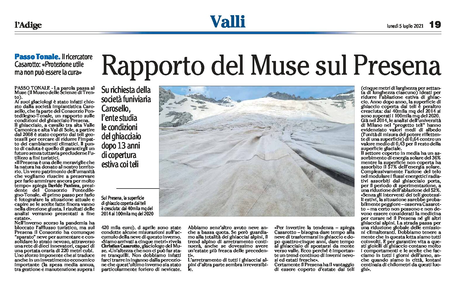 Passo Tonale: rapporto del Muse sul Presena. L’ente studia le condizioni del ghiacciaio dopo 13 anni di copertura estiva coi teli
