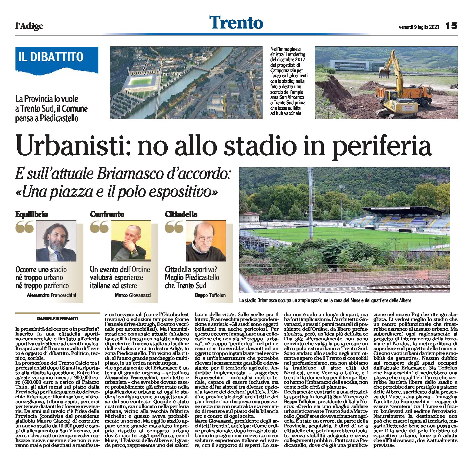 Trento: gli urbanisti Franceschini, Giovanazzi e Toffolon, no allo stadio in periferia