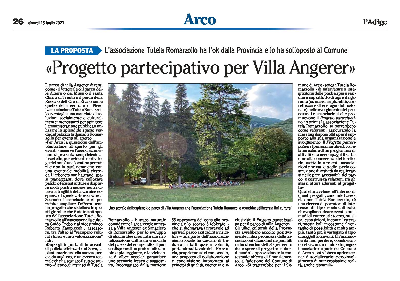 Arco, villa Angerer: progetto partecipativo per il Parco, ok dalla Provincia all’associazione Tutela Romarzollo