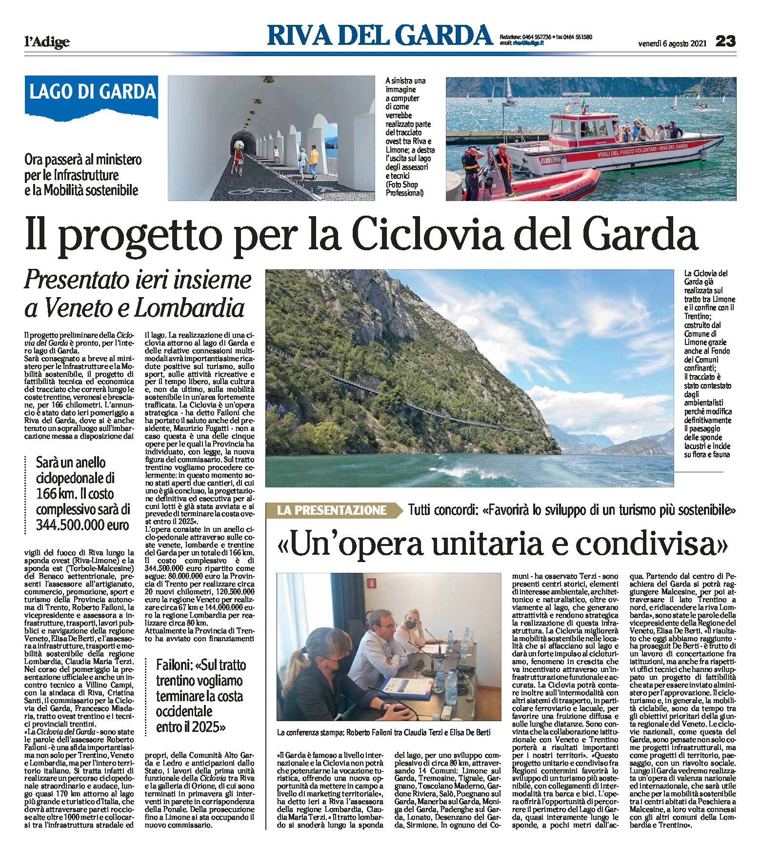 Ciclovia del Garda: il progetto presentato insieme a Veneto e Lombardia, sarà un anello di 166 km