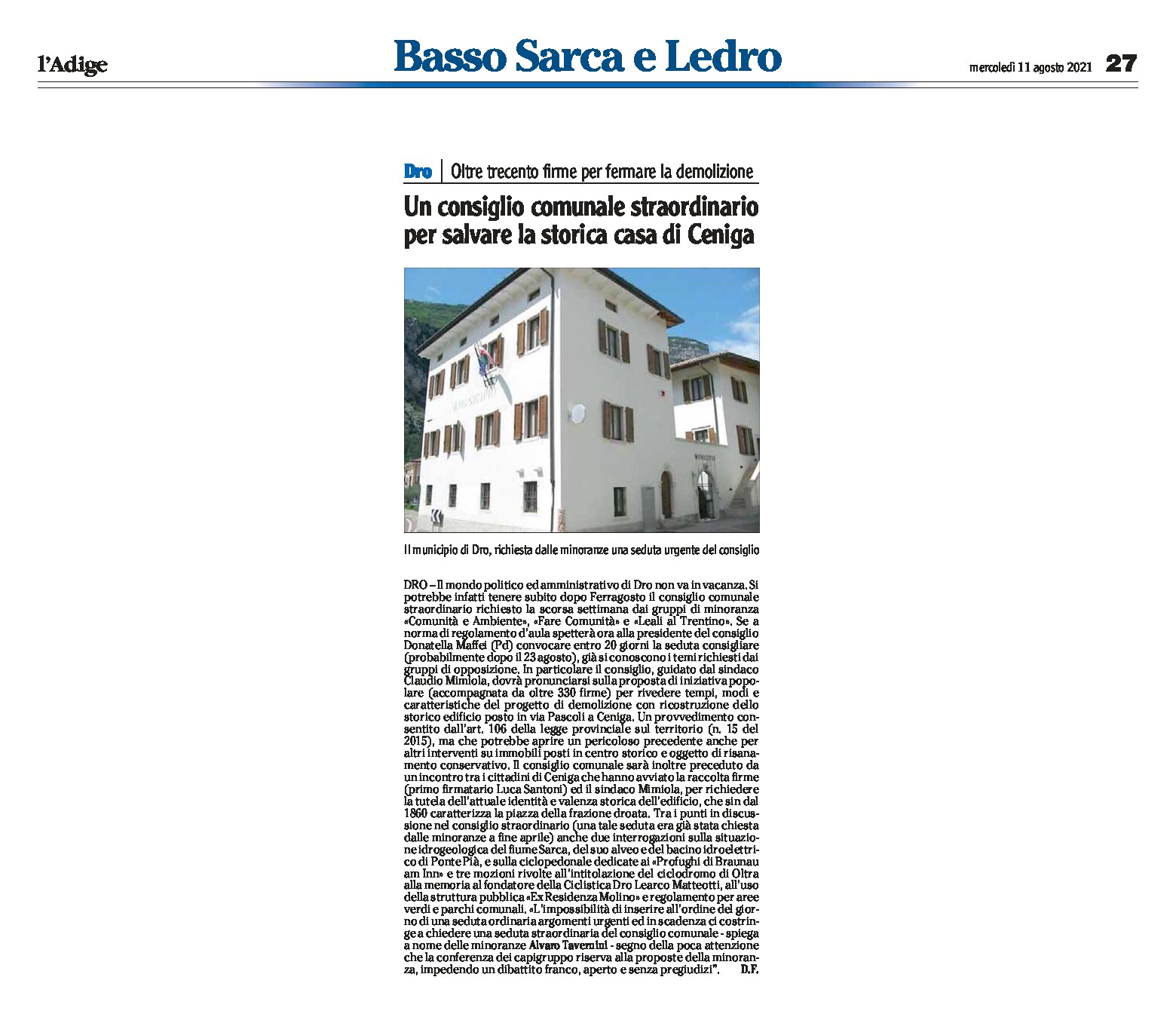 Dro: Consiglio comunale straordinario per salvare la storica casa di Ceniga