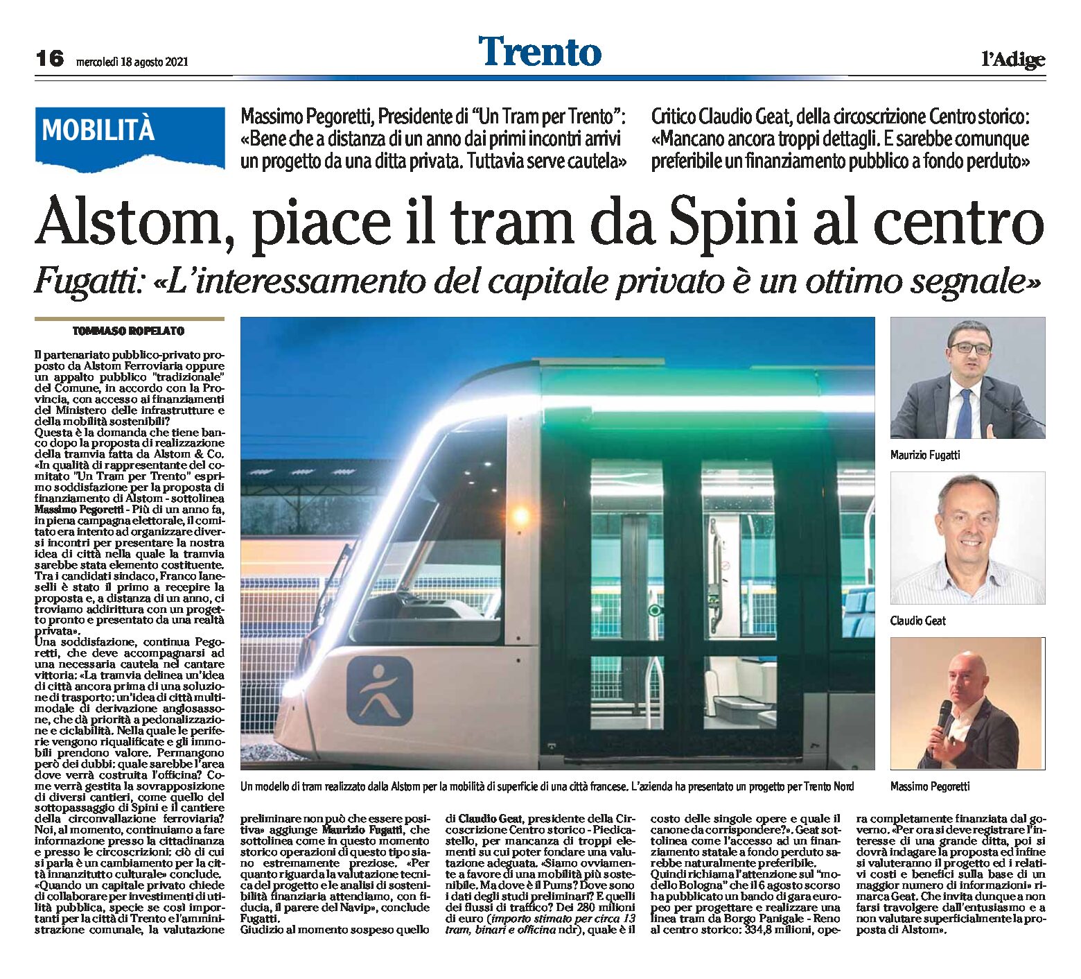 Trento, mobilità: Alstom, piace il tram da Spini al centro