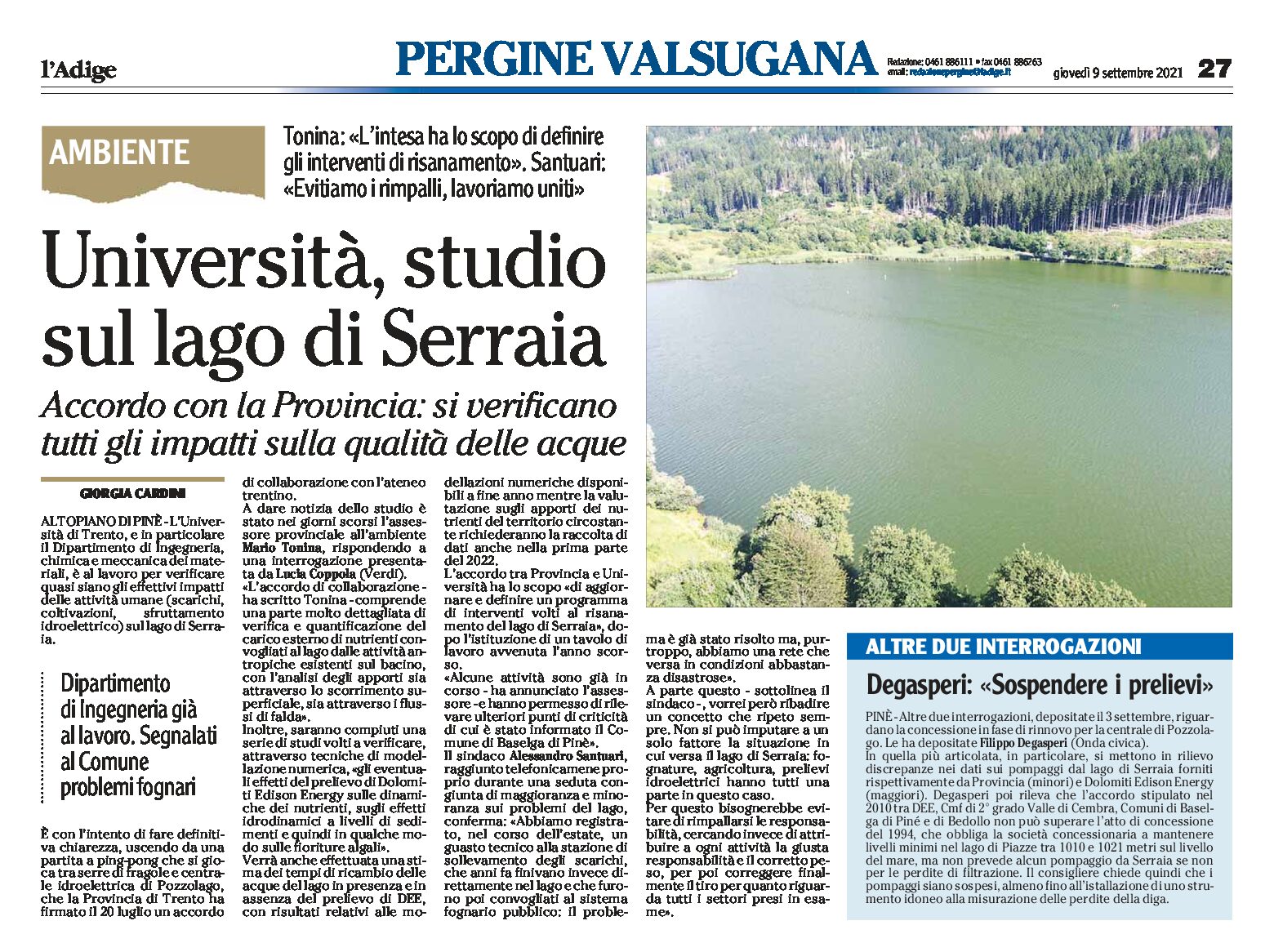 Università: studio sul lago di Serraia