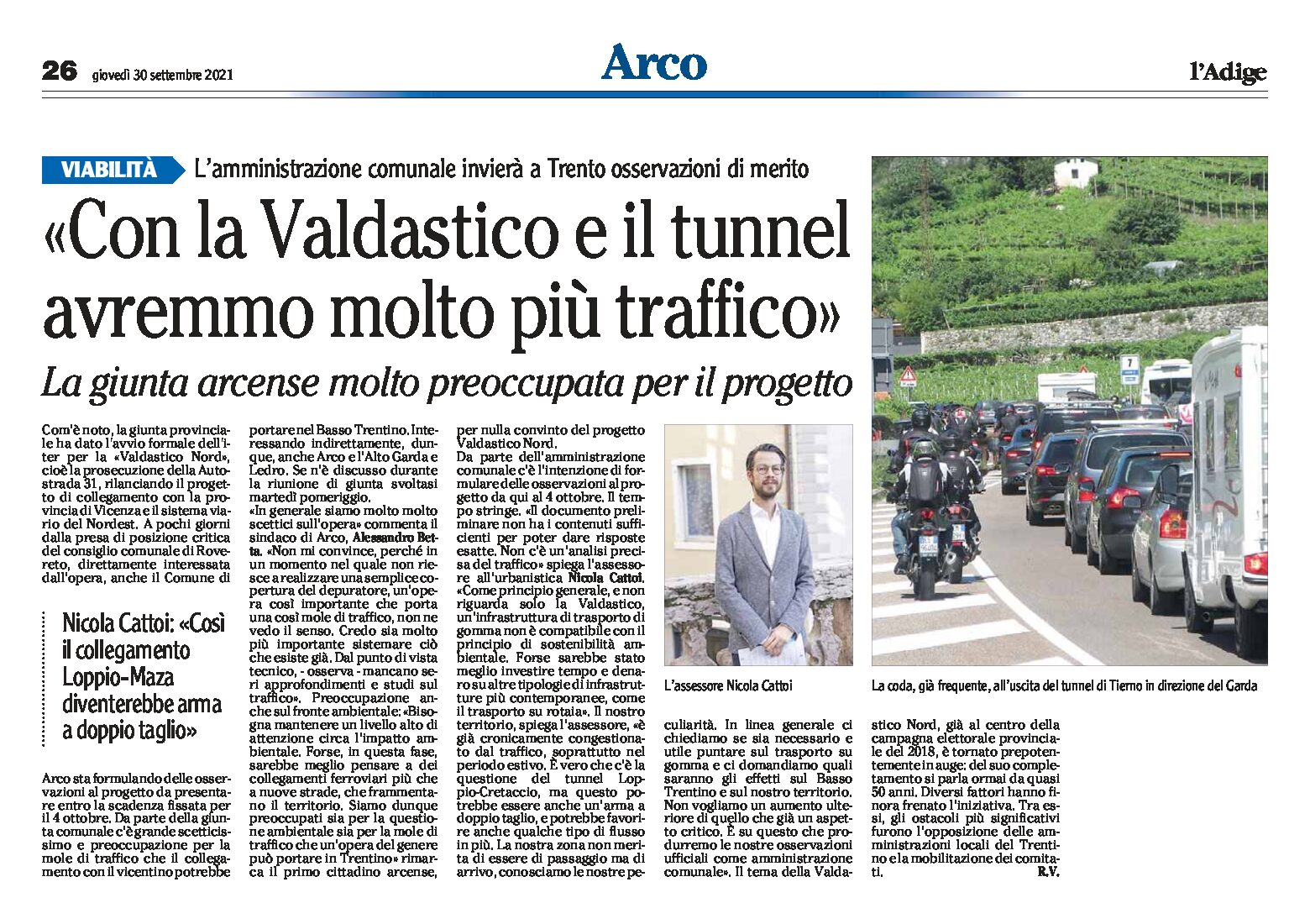 Arco, viabilità: con la Valdastico e il tunnel avremmo molto più traffico