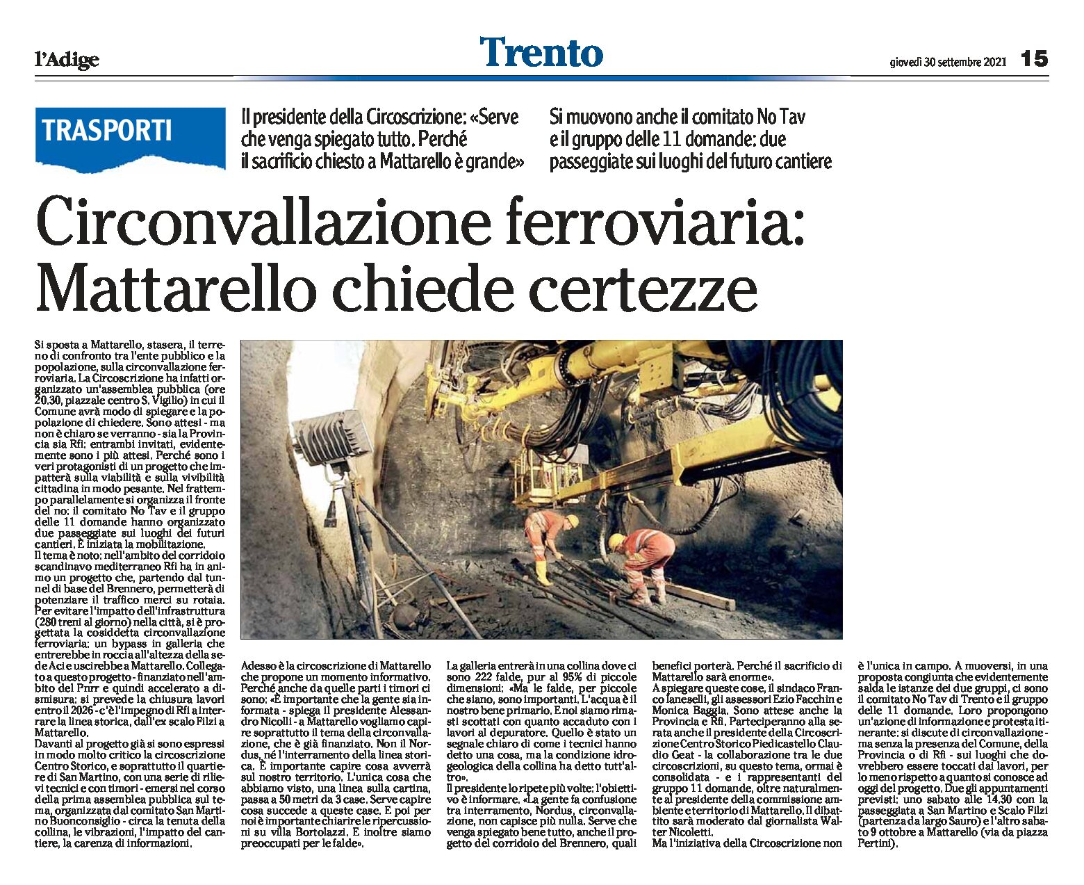 Trento: circonvallazione ferroviaria, Mattarello chiede certezze