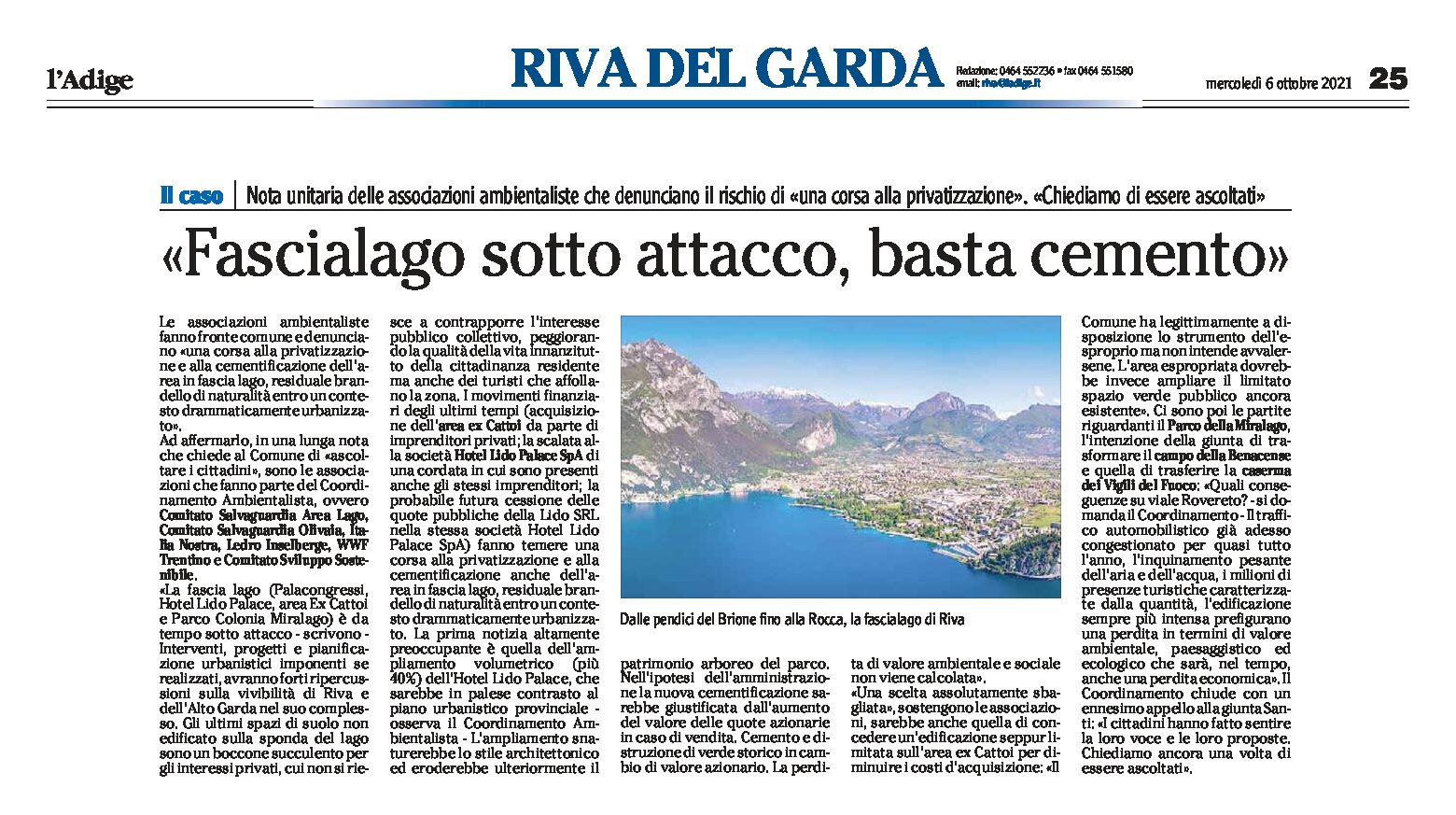 Riva: il Coordinamento ambientalista denuncia “fascialago sotto attacco, basta cemento”