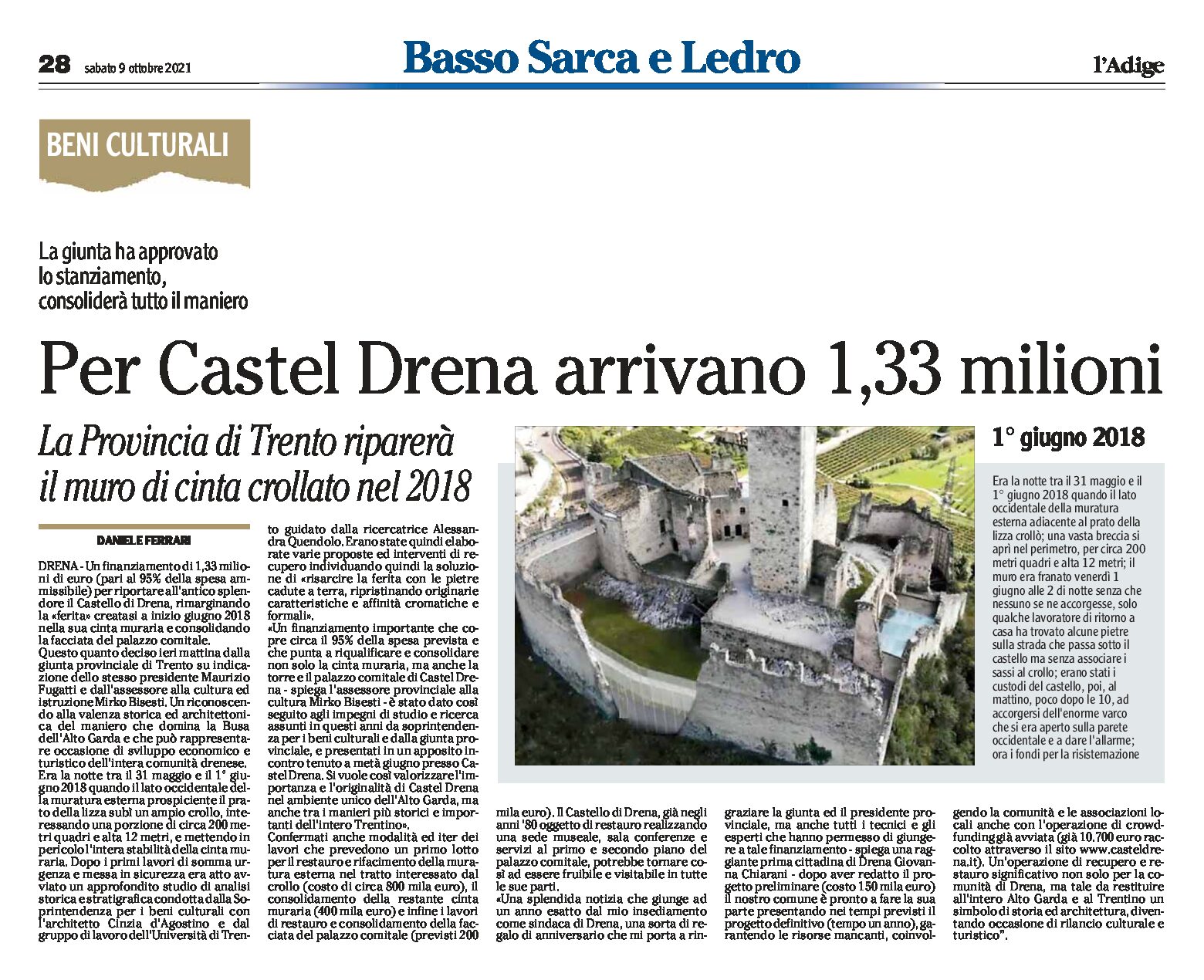 Castel Drena: arrivano 1,33 milioni per riparare il muro di cinta crollato