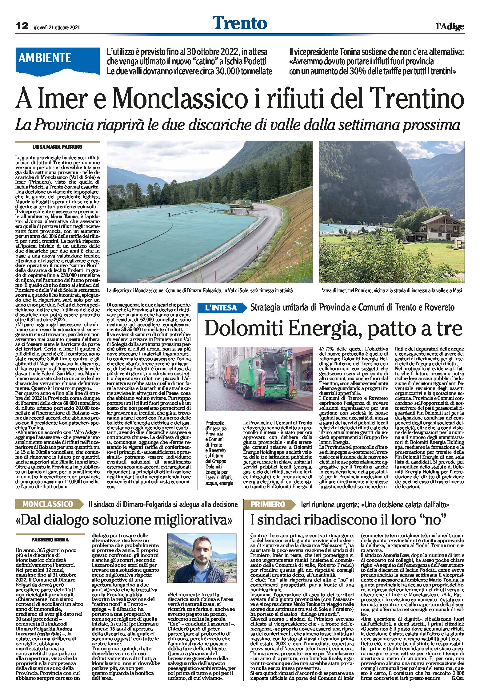 Ambiente: a Imer e Monclassico i rifiuti del Trentino