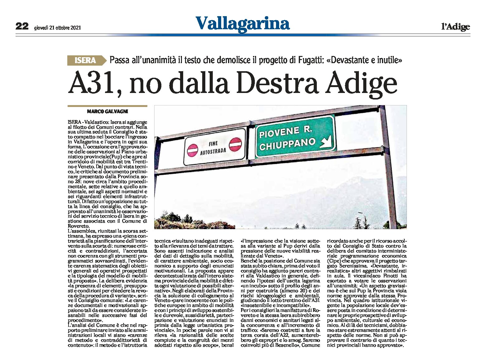 Isera: A31, no dalla Destra Adige. Passa all’unanimità il testo che demolisce il progetto di Fugatti