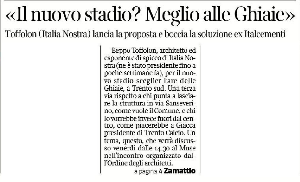 Trento, dibattito sul nuovo stadio: intervista a Toffolon