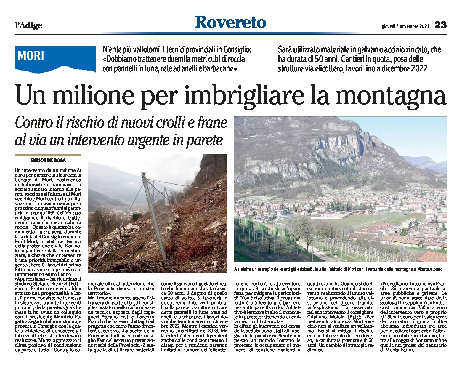 Mori: un milione per imbrigliare la montagna, contro il rischio di nuovi crolli