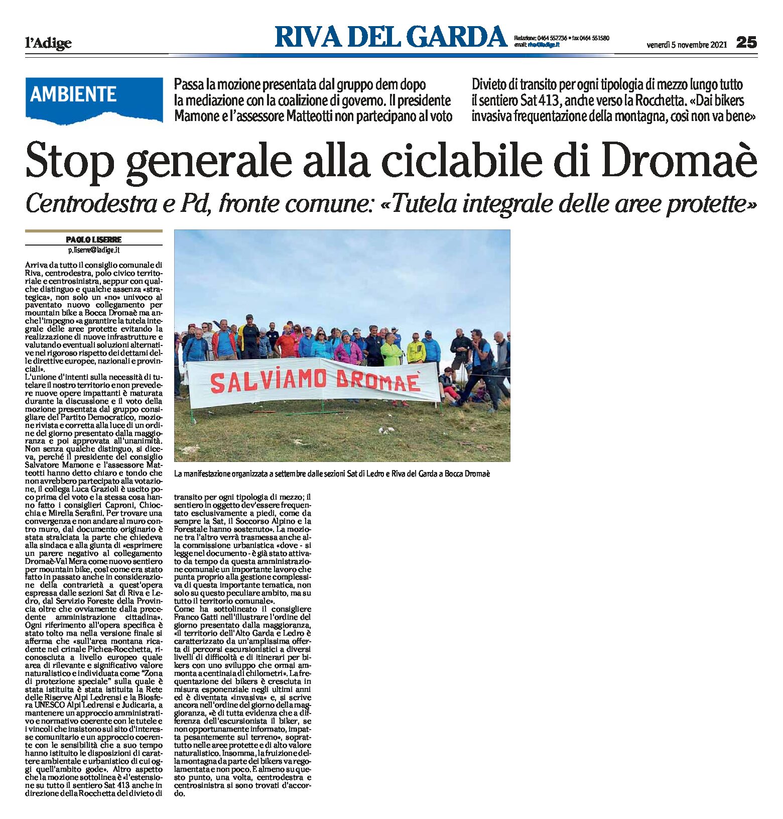 Riva: stop generale alla ciclabile di Dromaè