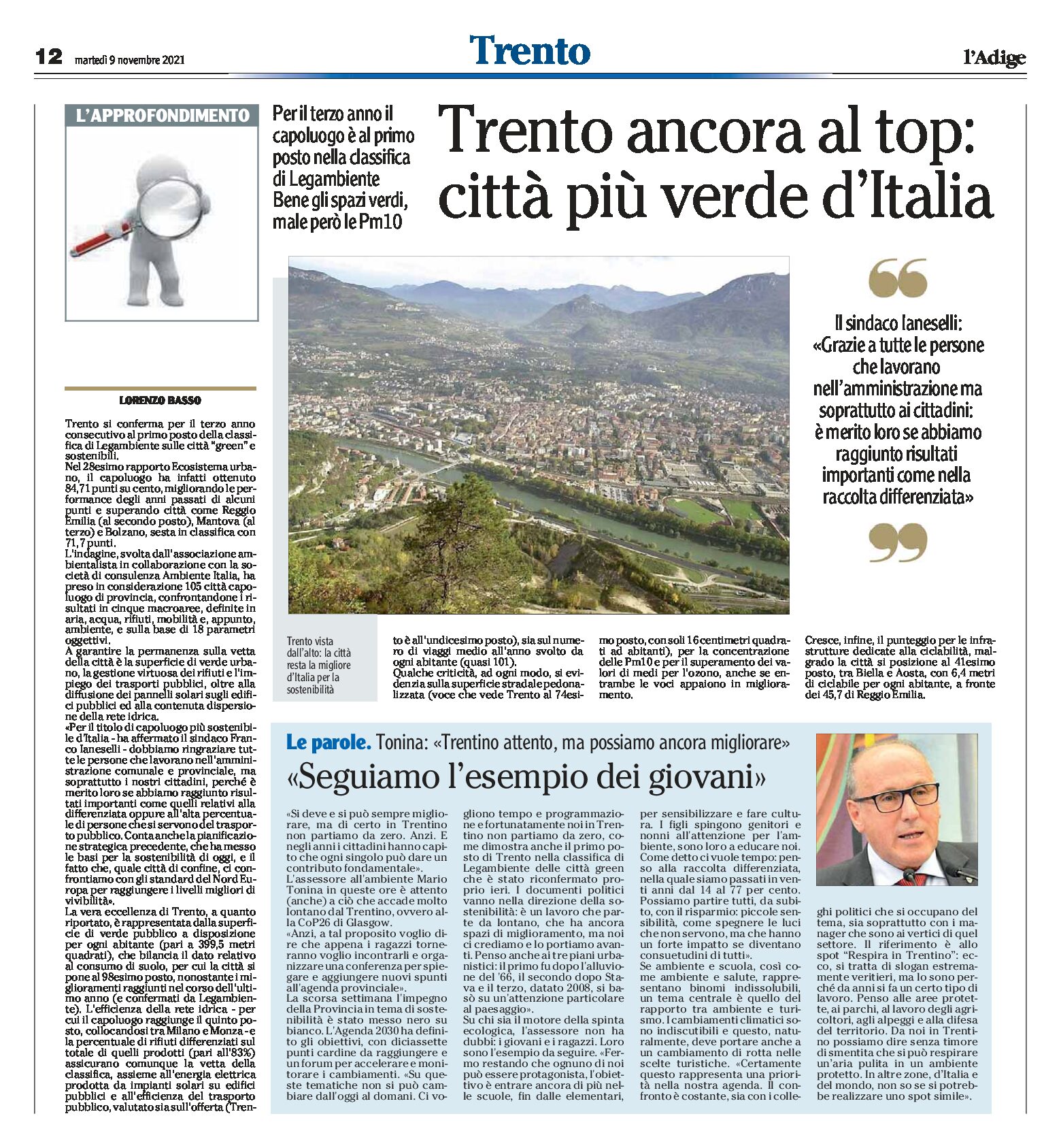 Trento ancora al top: città più verde d’Italia