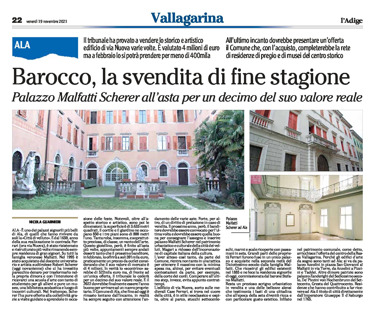 Ala: Palazzo Malfatti Scherer all’asta per un decimo del suo valore reale
