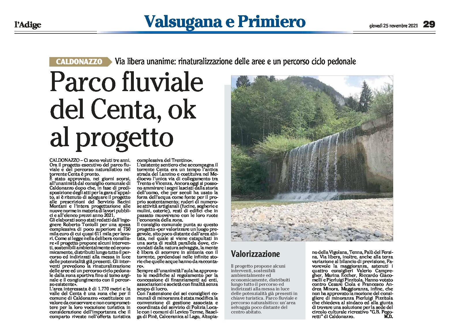 Caldonazzo: Parco fluviale del Centa, ok al progetto