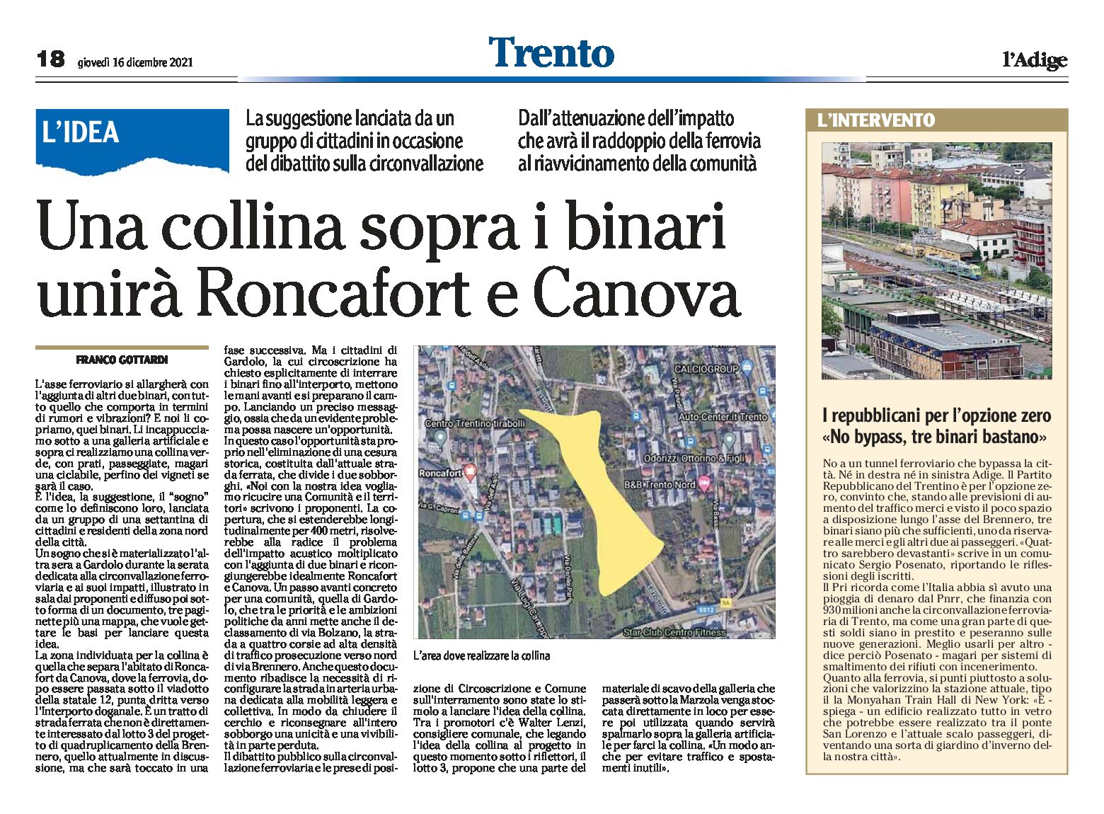 Trento bypass: una collina sopra i binari unirà Roncafort e Canova