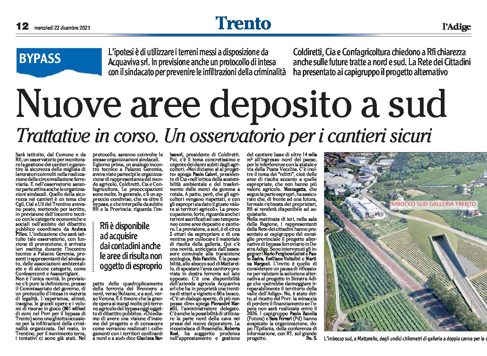 Trento, bypass: nuove aree deposito a sud. Trattative in corso