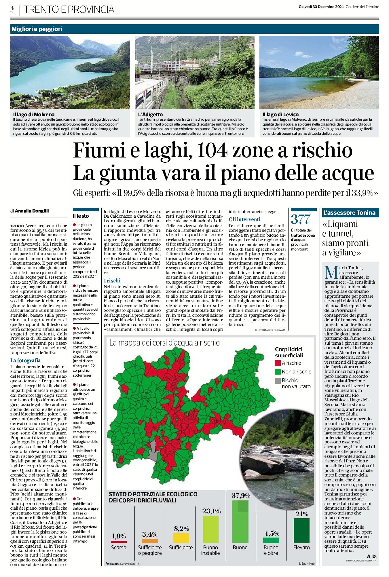 Fiumi e laghi del Trentino: 104 zone a rischio. La giunta vara il piano delle acque