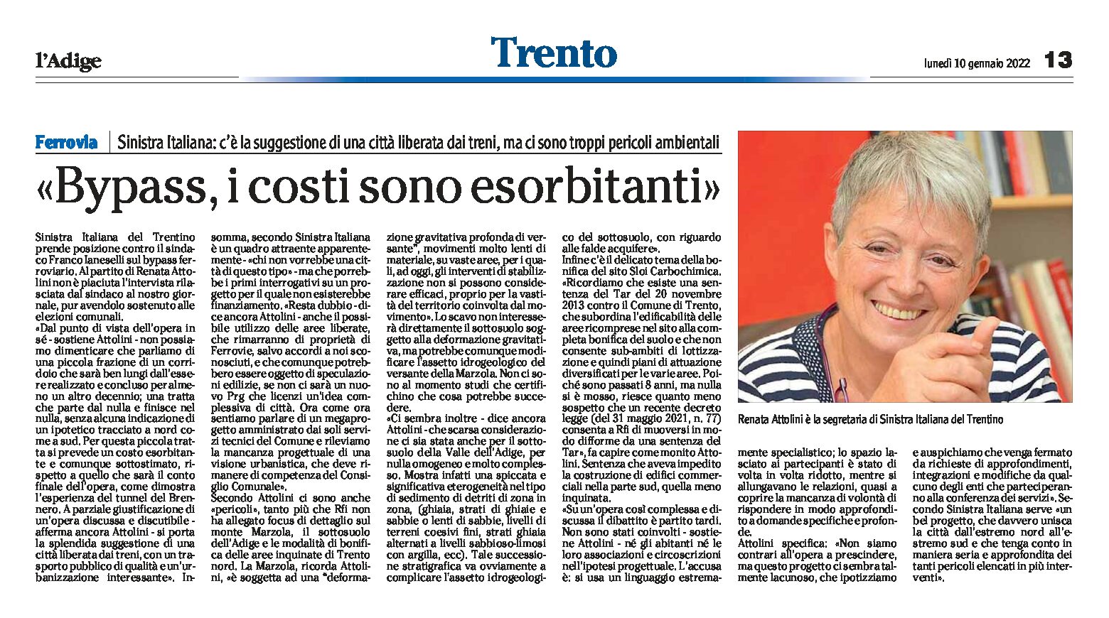 Trento, bypass: i costi sono esorbitanti. Intervista a Renata Attolini