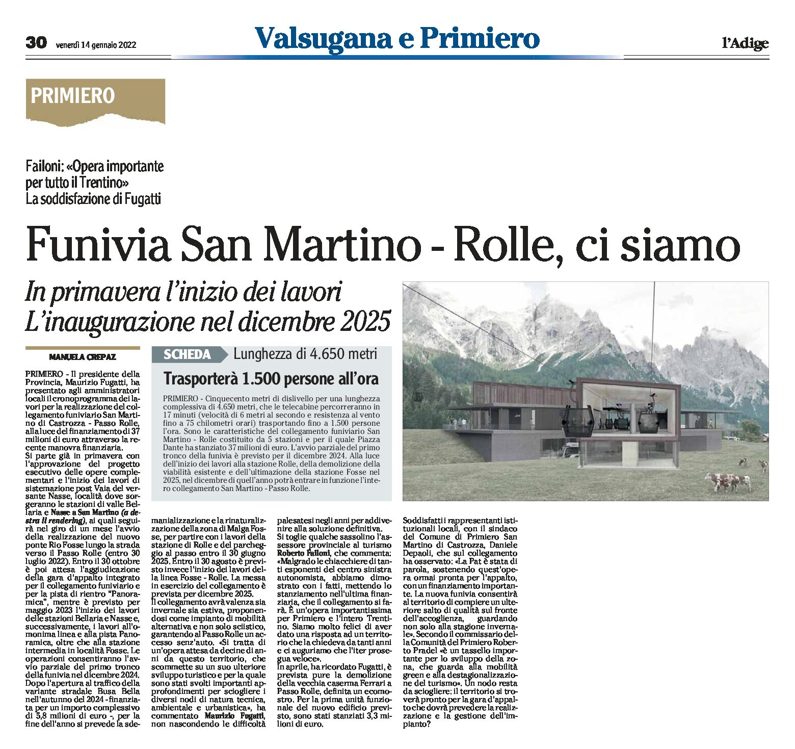 San Martino-Rolle, funivia: Inizio dei lavori in primavera