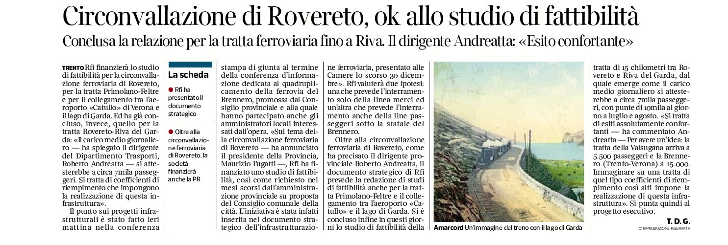 Circonvallazione di Rovereto: ok allo studio di fattibilità. Conclusa la relazione per la tratta ferroviaria fino a Riva