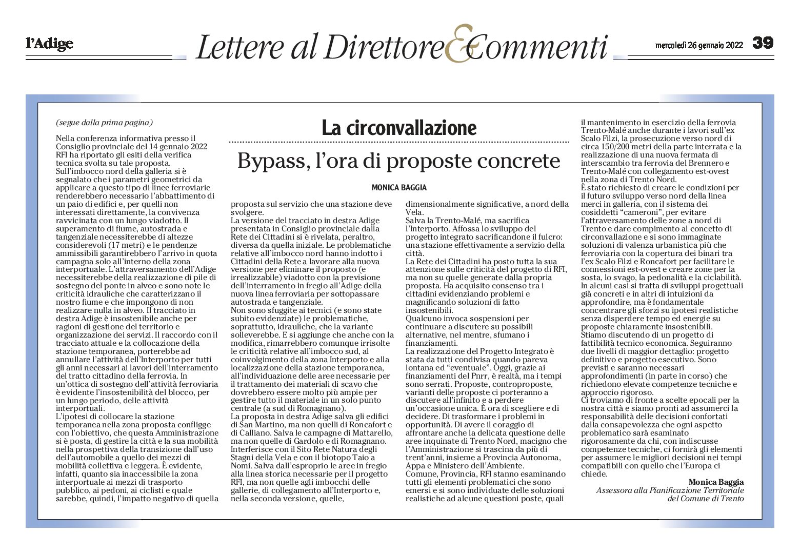 Trento, bypass: l’ora di proposte concrete. Lettera dell’assessora Baggia