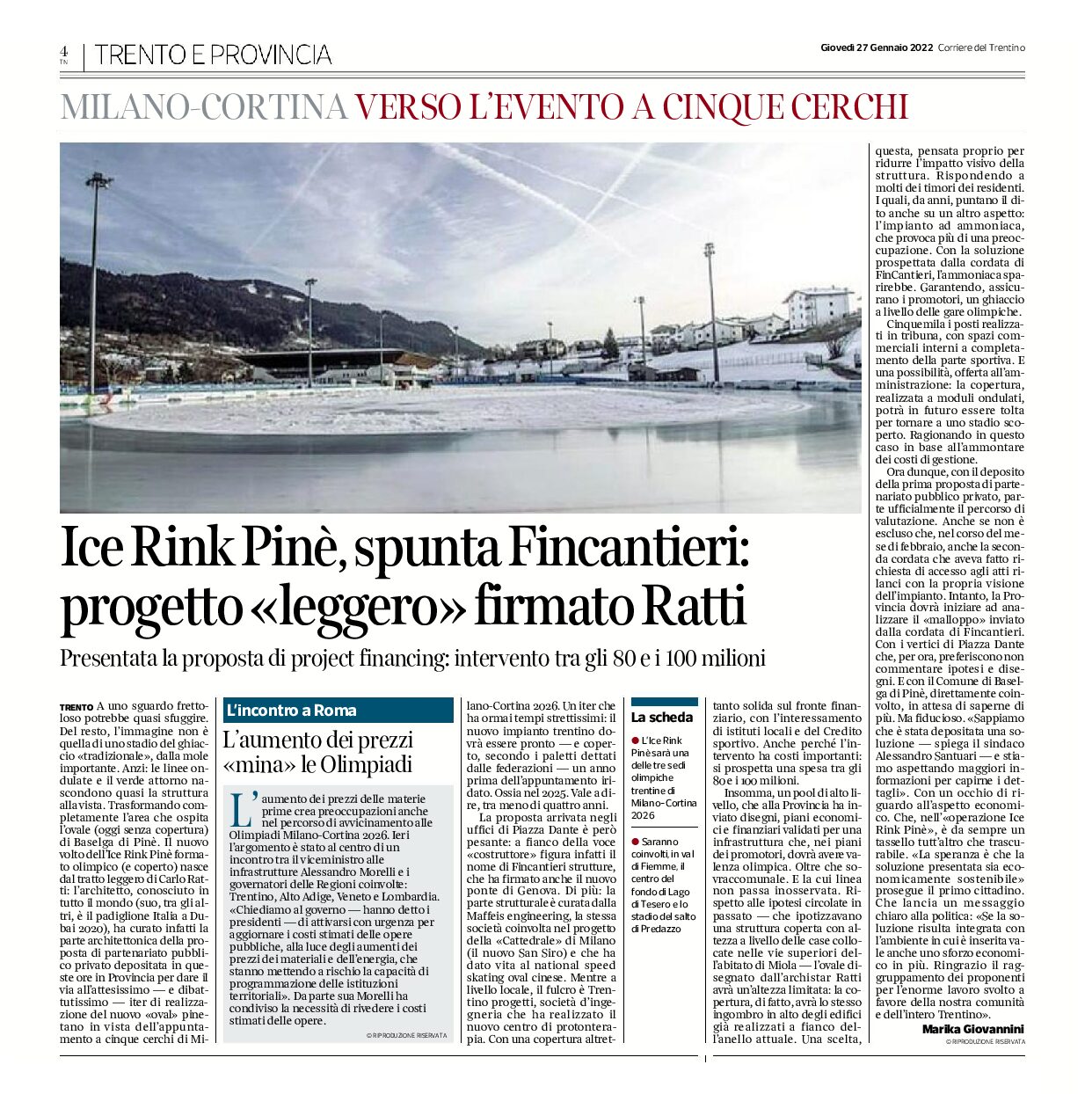 Ice Rink Pinè: spunta Fincantieri, progetto “leggero” firmato Ratti