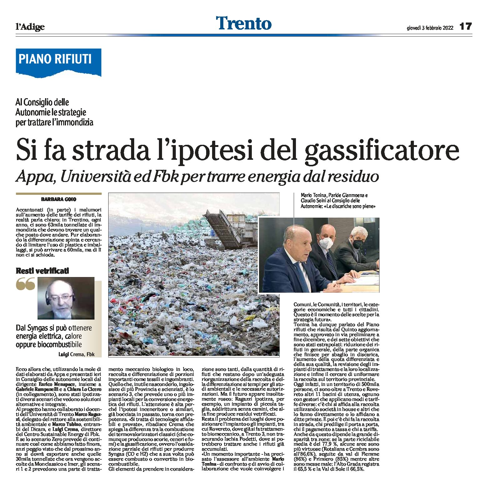 Piano rifiuti, Trentino: si fa strada l’ipotesi del gassificatore