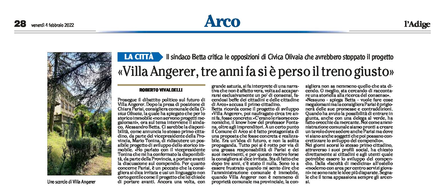 Arco, Villa Angerer: Betta “tre anni fa si è perso il treno giusto”.