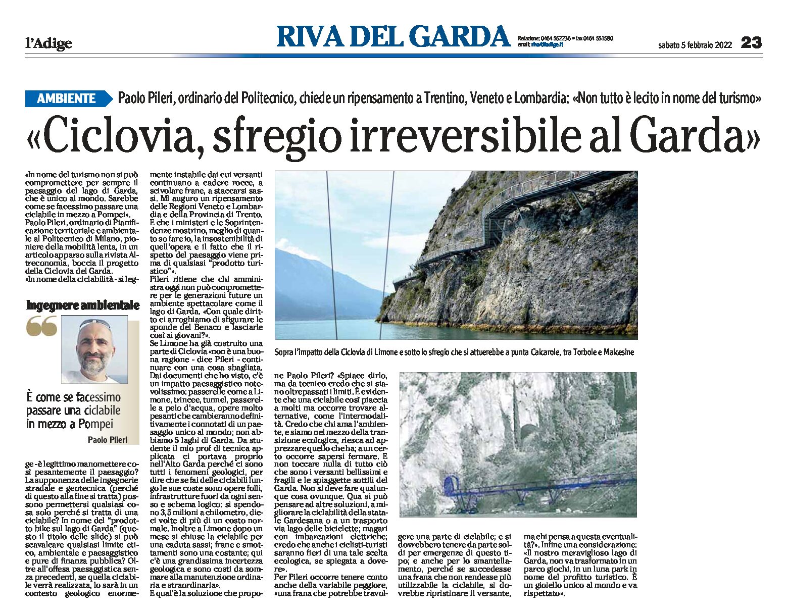 Riva, ciclovia: “sfregio irreversibile al Garda”. Intervista a Pileri, ingegnere ambientale